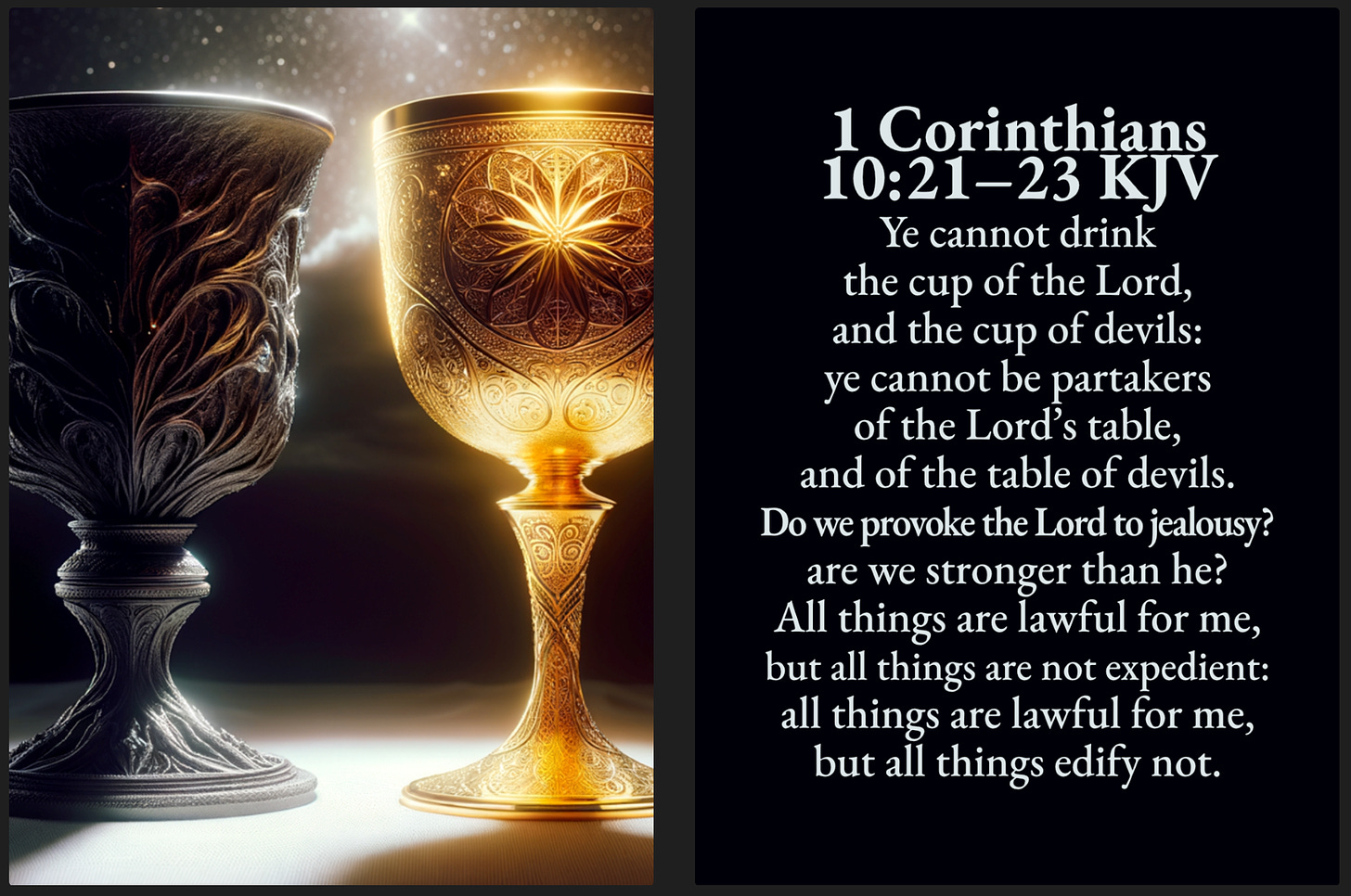 The image shows two ornate goblets, one dark and one golden, set against a glowing background. To the right, the text displays the Bible verse 1 Corinthians 10:21-23 KJV in white, emphasizing the contrast between good and evil with themes of spiritual choice.