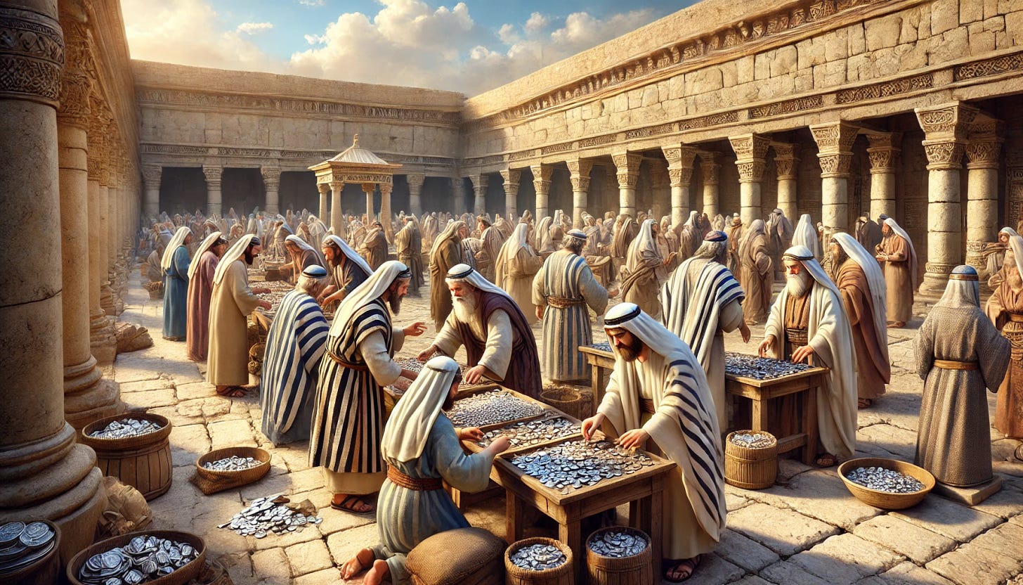 A beautiful and realistic ancient Jewish scene in the Temple courtyard, featuring families, including men, their wives, and children, preparing to worship. They are at the money changers' tables, exchanging currency for silver coins to pay their tithes. The Temple courtyard is grand, with stone walls, pillars, and historically accurate architecture. The scene is bustling with activity, with warm sunlight casting soft shadows, enhancing the vibrant atmosphere. The clothing is traditional, with robes and head coverings, and the setting reflects the sacred and historical significance of the moment.