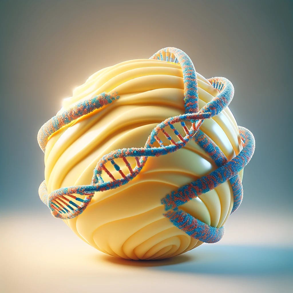 A spherical object with a buttery texture, encircled by a DNA strand ribbon forming a repeating pattern. The sphere should appear glossy and smooth, resembling butter, while the DNA ribbon wraps around it in an elegant and continuous swirl. The ribbon should be colorful, showcasing a detailed and artistic interpretation of a DNA strand, with a clear repeating pattern that emphasizes the structure's complexity and beauty. The background should be subtle, highlighting the sphere and DNA ribbon.