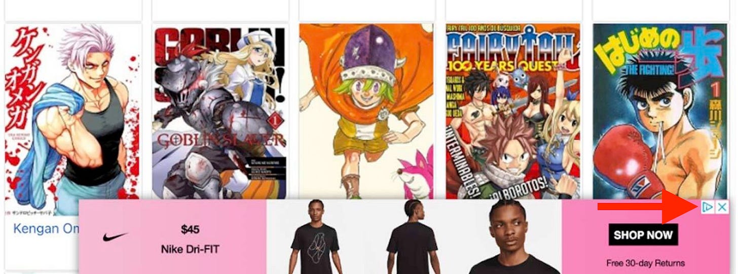 Screenshot of Nike ad on manga piracy site, with blue triangle in the upper right hand corner
