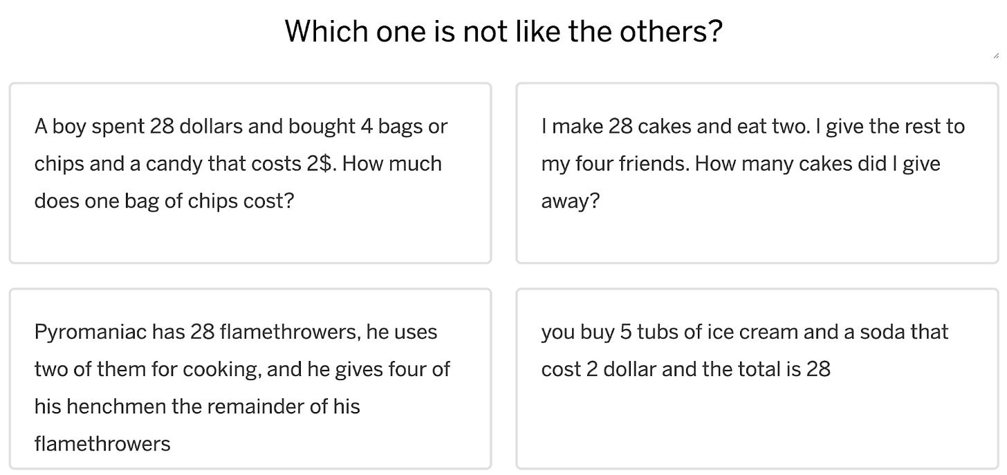 Three stories that relate to the equation 4x + 2 = 28 and one that relates to the equation 5x + 2 = 28.