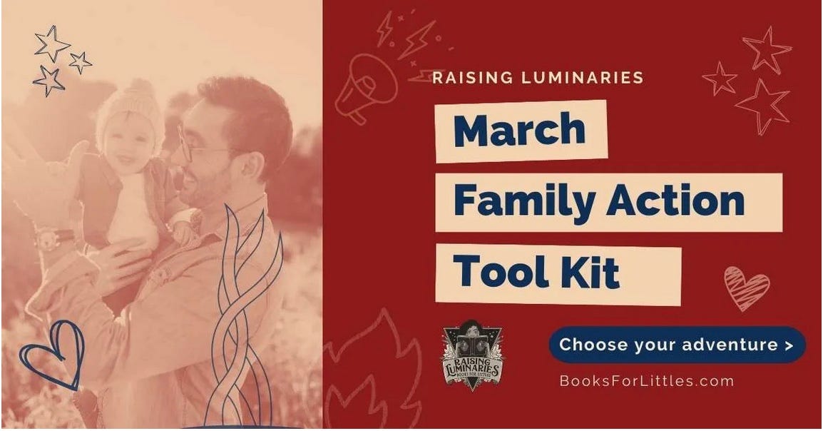 march family action toolkit featuring parent & baby with doodes of hearts, stars, and flames