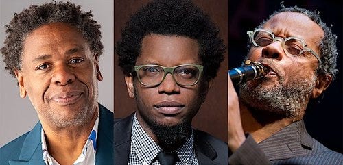 3 photos of Black musicians. The first two are headshots of male-presenting Black men, one in a jacket and one with glasses and a suit and tie. The third is playing a clarinet also wearing a jacket. Left to right, Terrance McKnight, Aruán Ortiz, and Don Byron (Photo by Dave Weiland).
