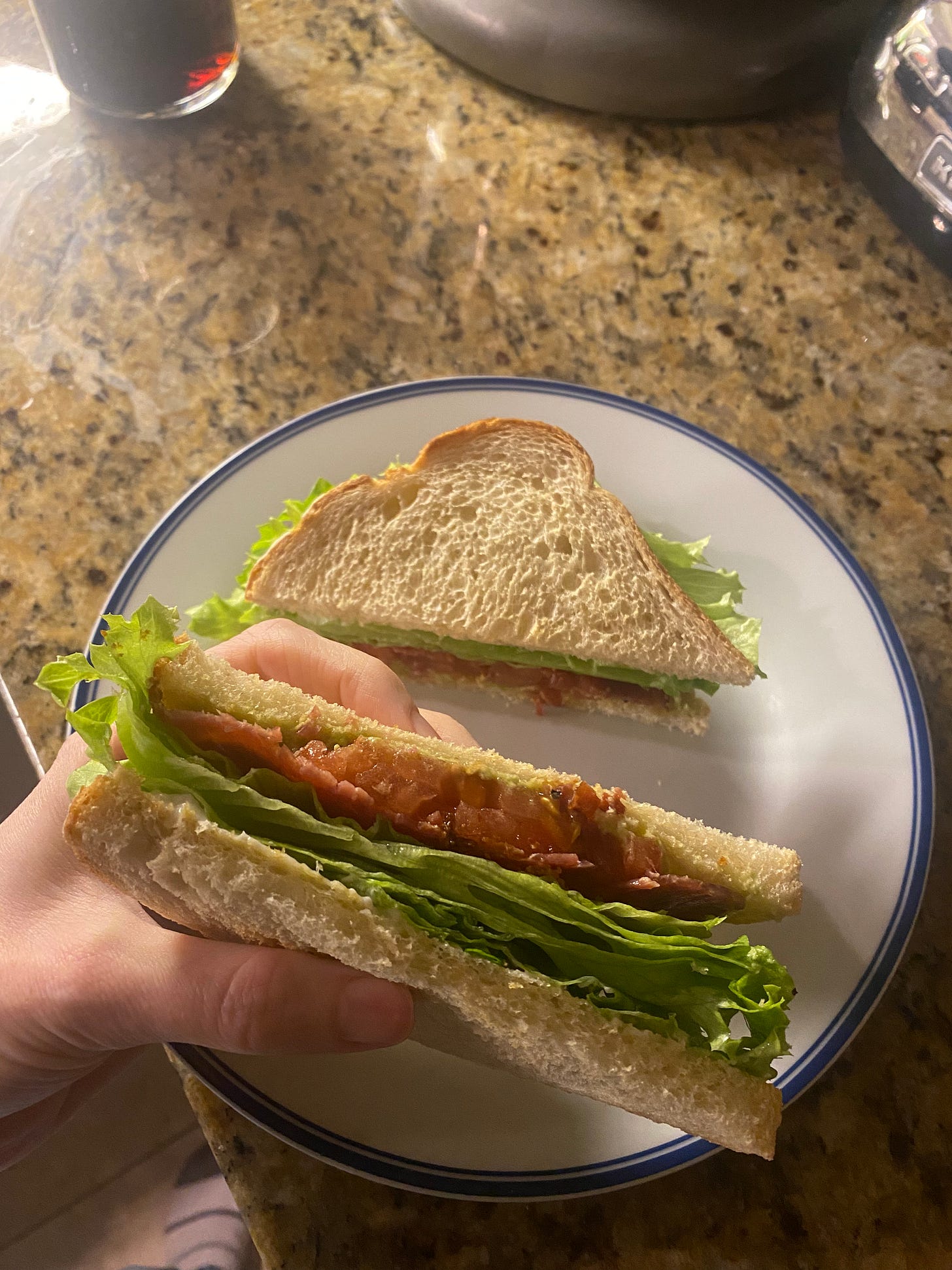 A white plate with a blue rim holding half a diagonally cut sandwich on sourdough. My hand is holding the other half up in front of the camera so the inside can be seen: crisp layers of lettuce, a thin layer of meat, and slices of ripe tomato. The bread has mayo spread on one side and avocado on the other.