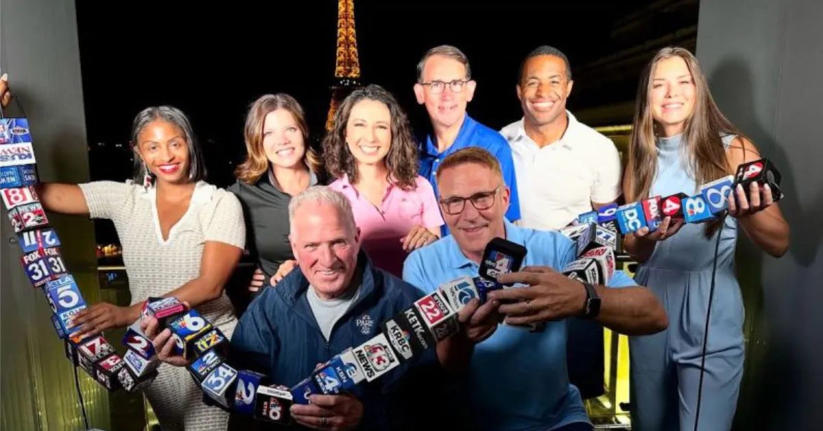 Nexstar Media's broadcast production team pose with microphone flags in Paris. The company sent around a half-dozen employees to help cover the 2024 Summer Olympic Games in France. (Courtesy photo) Nexstar Media's broadcast production team pose with microphone flags in Paris. The company sent around a half-dozen employees to help cover the 2024 Summer Olympic Games in France. (Courtesy photo)