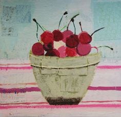 This may contain: a painting of cherries in a white basket