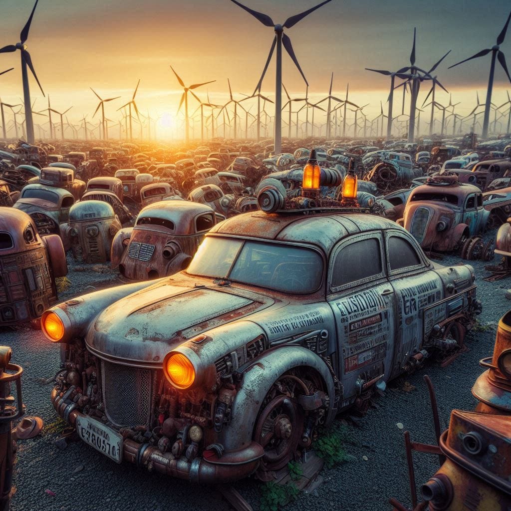gas car junkyard, in a solarpunk style