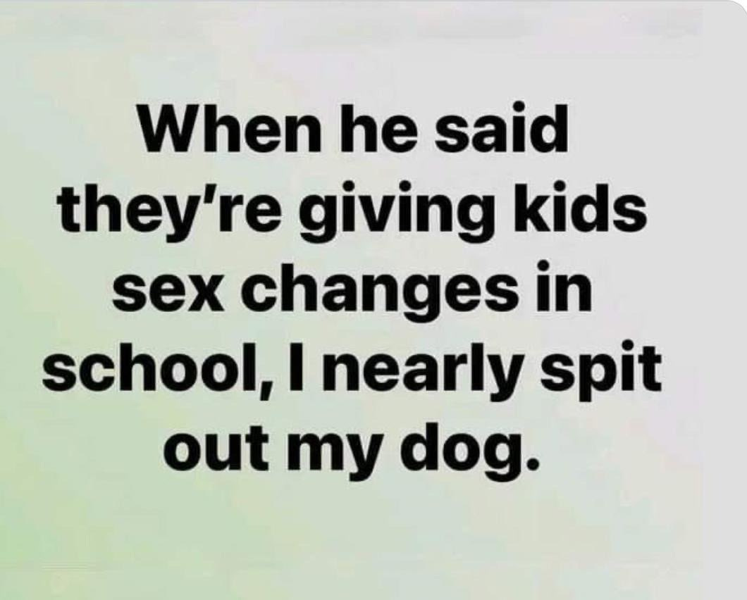 black text on a white background. When he said they were giving kids sex changes in school, I nearly spit out my dog.