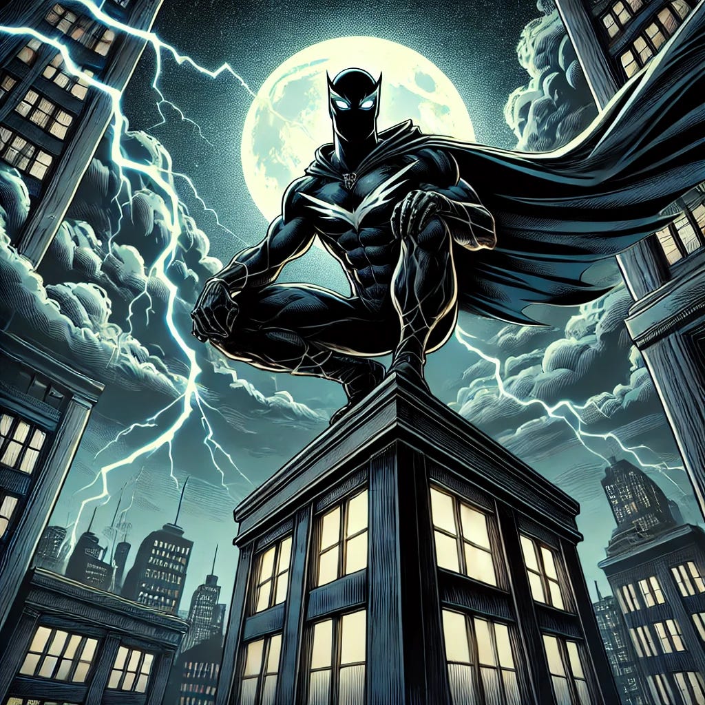 A comic book-style illustration of a superhero named Hawk Phantom, an African-American male, perched on top of a tall building in a heroic pose. He wears a sleek, dark costume with hawk-like motifs. Lightning flashes dramatically behind him, illuminating his silhouette. The full moon is visible but smaller and partially draped in swirling clouds, adding to the mysterious and powerful atmosphere. The city skyline is visible in the background, with a dark and moody aesthetic. The perspective emphasizes the height of the building, making Hawk Phantom appear proportionate.