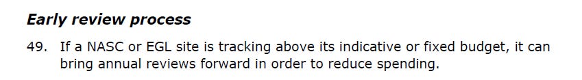 screenshot of para #49 stating that NASC and EGL sites can bring forward annual reviews to reduce costs