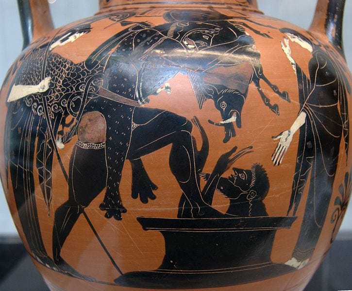 Heracles bringing back the Erymanthian Boar to King Eurystheus, Athena left and Eurystheus' mother right. Side A of an Attic black-figure amphora, ca. 510 BC.