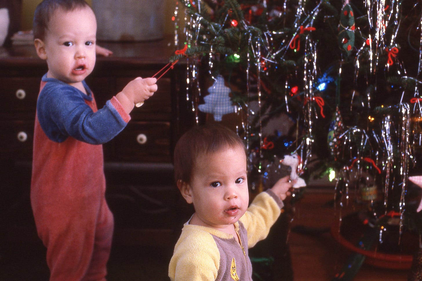 Twins trimming the Christmas tree