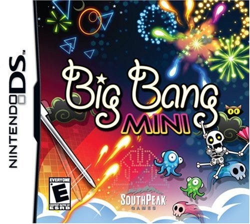 The box art for Big Bang Mini, with various enemy types from the game, and a whole bunch of fireworks both exploded and unexploded, as well as a stylus making a flicking, firing movement.
