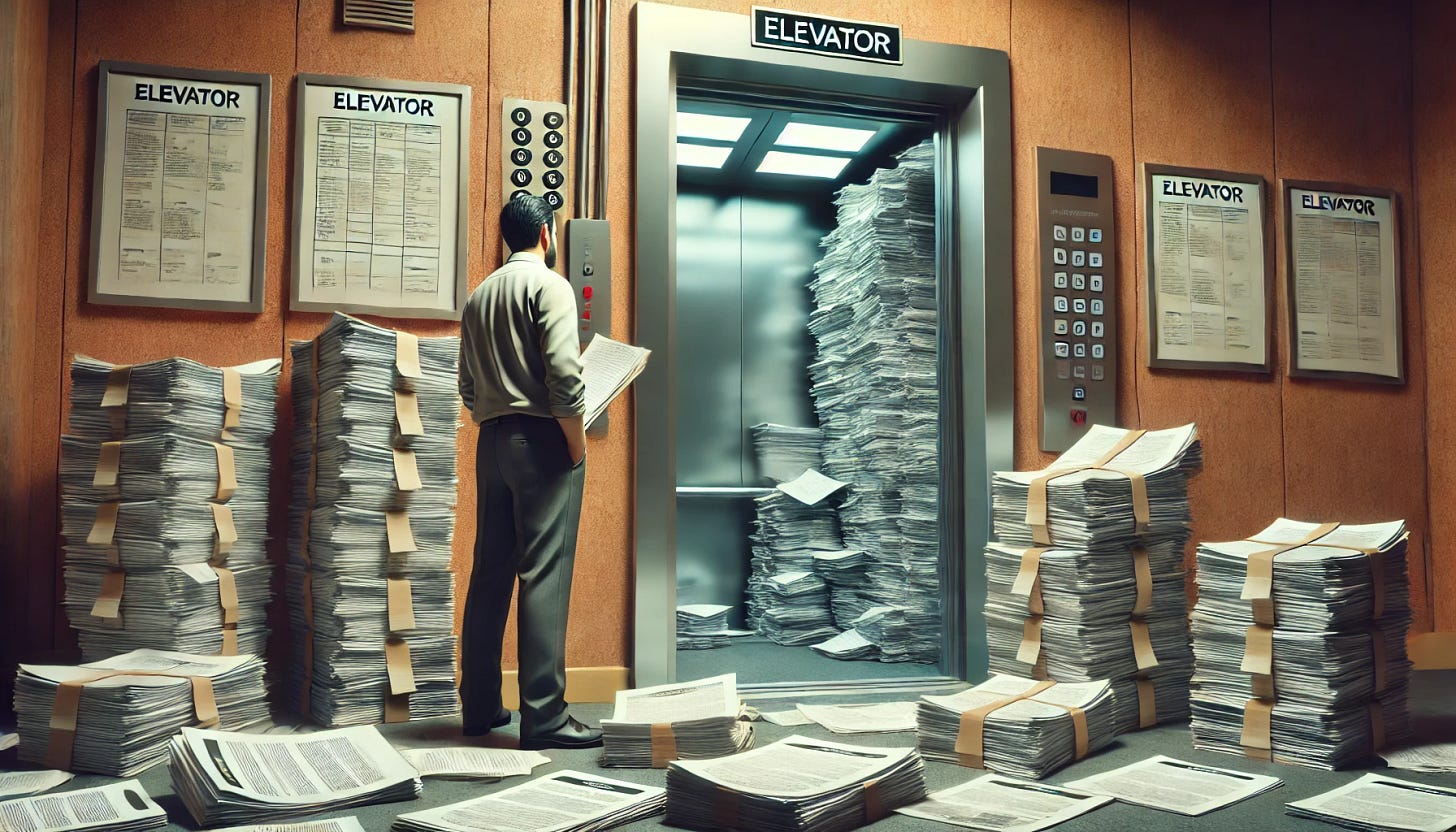 A scene with an elevator technician standing next to an open elevator, surrounded by stacks of papers and manuals. The technician looks overwhelmed, trying to manage the heavy load of documentation needed for elevator maintenance. The setting gives a bureaucratic tone, with papers spilling out, symbolizing the burden of paperwork. The elevator in the background is slightly open, with cables visible, adding a technical element to the scene.