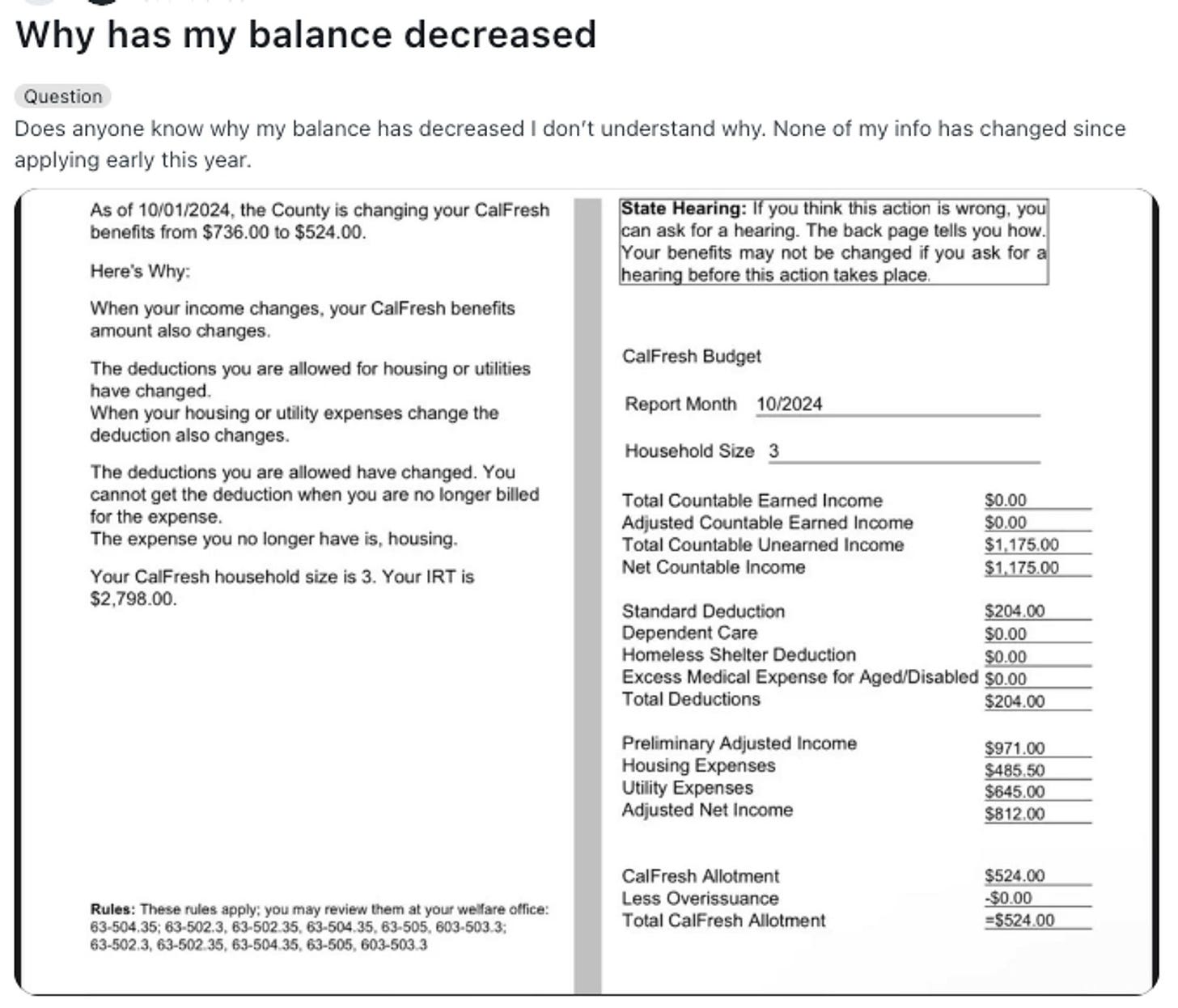 Reddit post saying Why has my balance decreased with a picture of a notice showing a reduced benefit amount and calculation