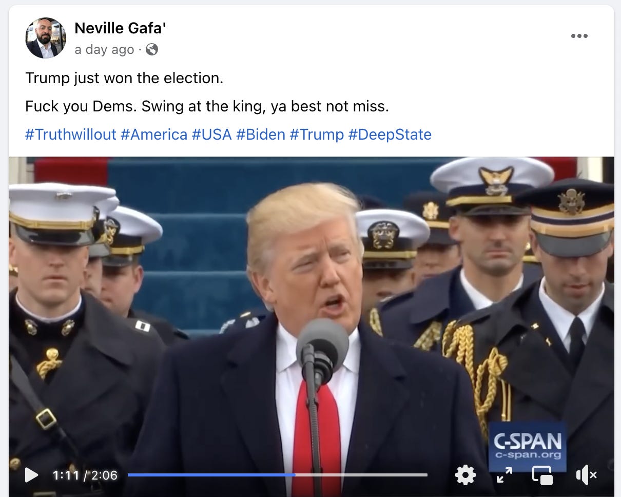 Gafà's Facebook post lauding Trump's victory