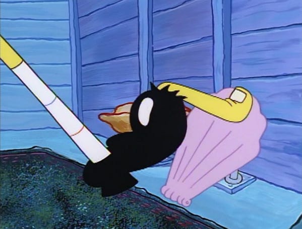 Still from Spongebob depicting a big toe bursting from a shoe to step on the gas pedal of a car