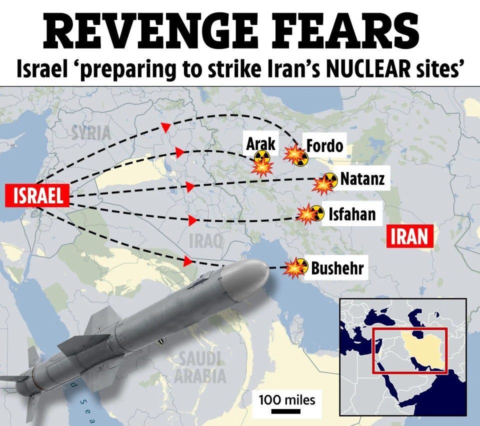 Illustration of missile trajectory from Israel to Iranian nuclear sites.