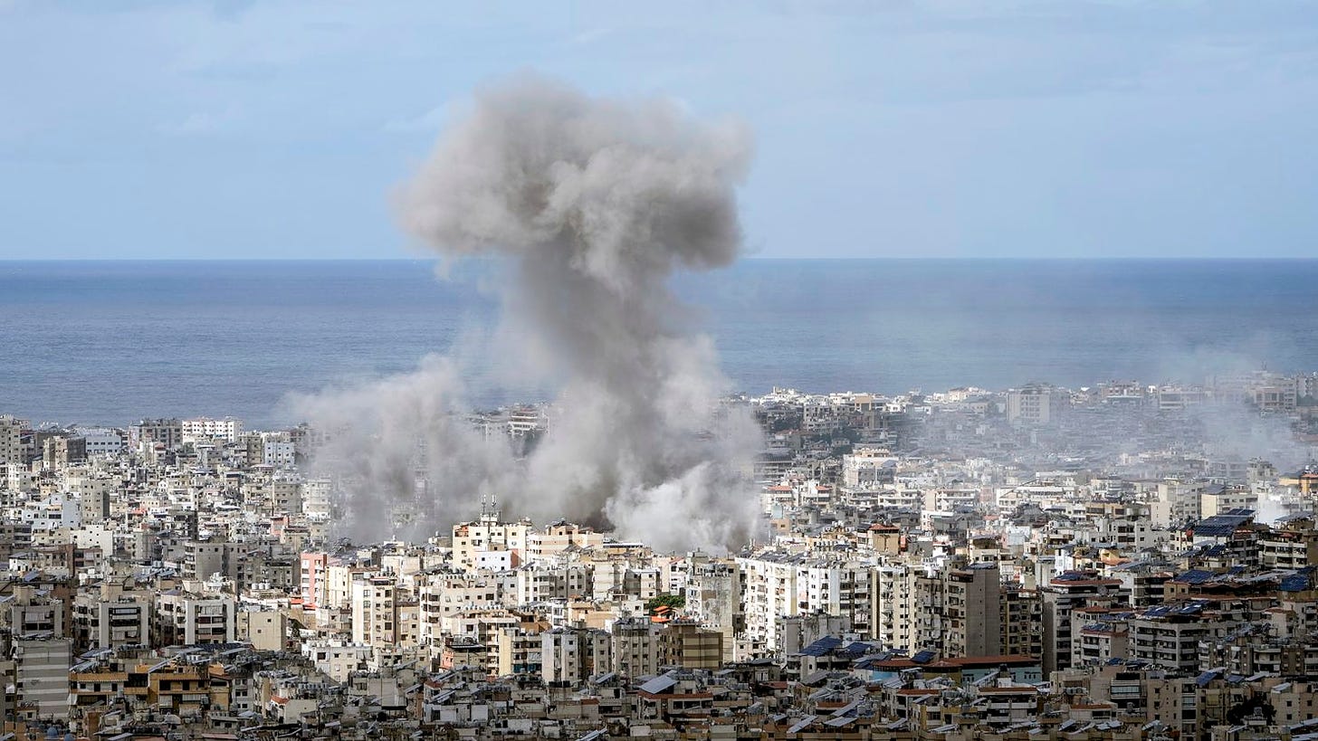 Smoke rises after an Israeli airstrike on Dahiyeh, in the southern suburb of Beirut, Lebanon on Monday.