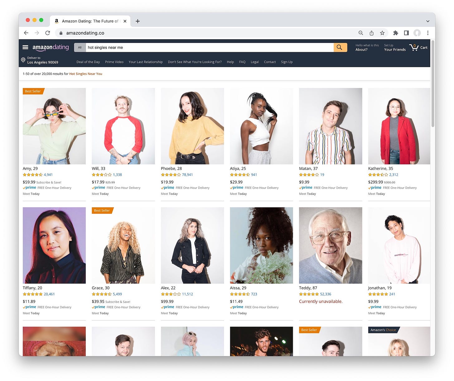 Screenshot of “Amazon Dating”, a satirical website where you browse for dates as if you were shopping on Amazon