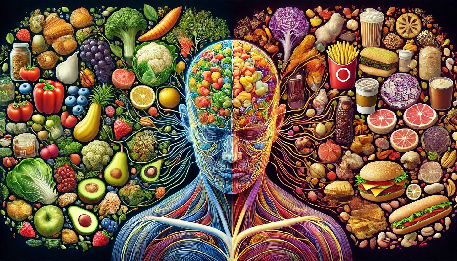 A detailed conceptual artwork titled 'How the Food We Eat Affects Our Brain and Body.' The image depicts a split composition. On the left, vibrant and healthy foods like fruits, vegetables, nuts, and grains are illustrated in vivid colors, with their nutrients visually traveling through a human body, lighting up areas of the brain and muscles, symbolizing positive effects like energy, focus, and strength. On the right, processed and unhealthy foods like sugary snacks, fast food, and sodas are shown in muted, darker tones, with their effects visualized as sluggishness, clouded thoughts, and physical fatigue. The central figure is a transparent human silhouette showing the pathways of these foods, with a dynamic, thought-provoking visual balance of health and impact.