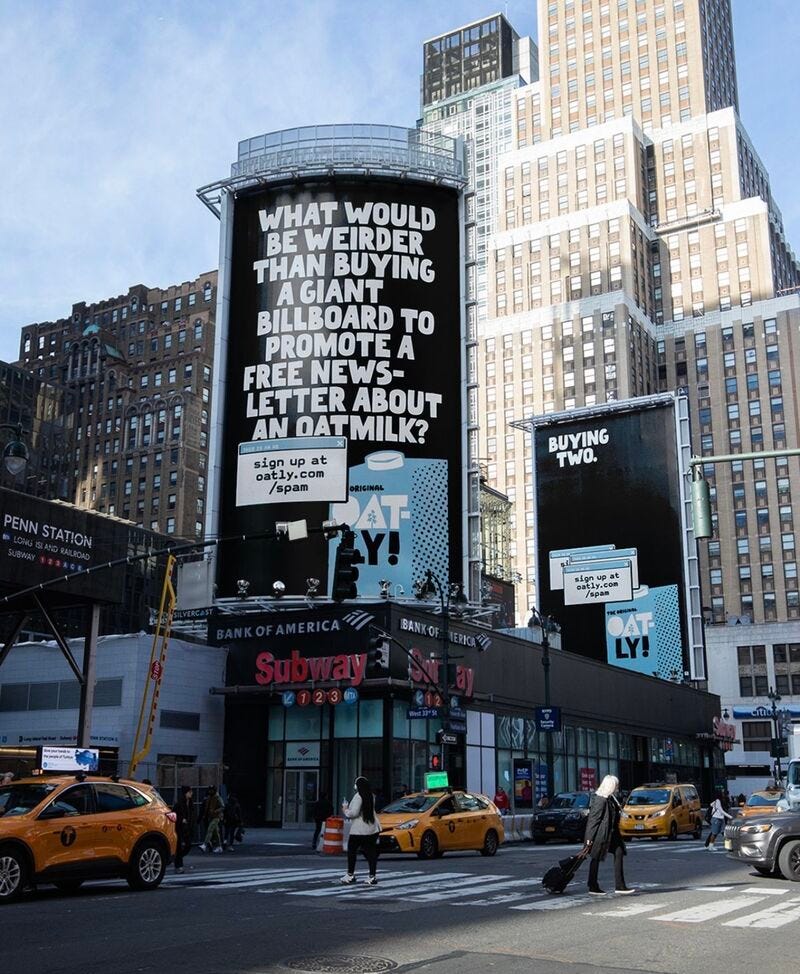 Because of Marketing on LinkedIn: The return of Oatly's “spam” campaign  takes NYC 🗞️🗽 To raise brand… | 156 comments