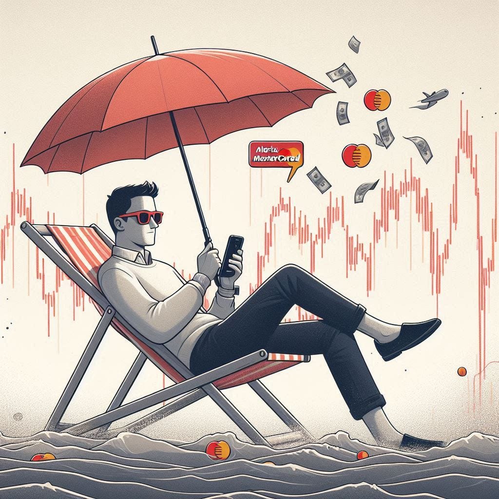Editorial-style illustration showing a calm investor in a stormy stock market. The investor is sitting on a deck chair, relaxed, with an umbrella and sunglasses, while red stock charts fall around him. He holds a phone with a notification: 'ALERTA: Mastercard +6.64%'. Visual tone is ironic but clean and professional, minimalistic background, soft muted colors. Subtle humor and conceptual metaphor of buying in chaos.