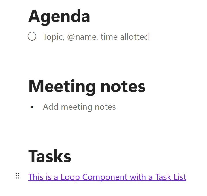 An image showing how ony a link to the Task List Loop Component is inserted when pasting into Teams' meeting notes.