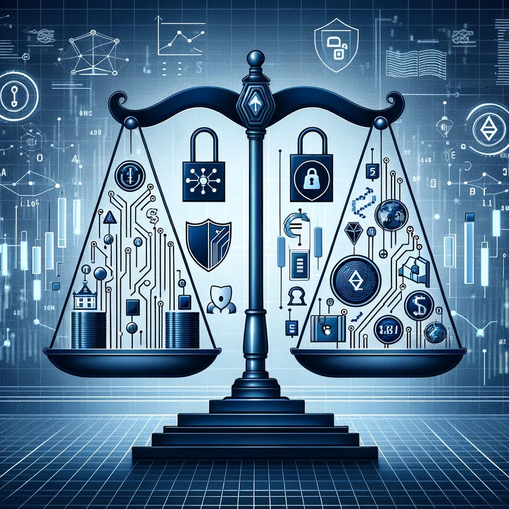 An illustration for an article about AI and Data Privacy in Finance. The image should depict a symbolic balance, with one side having AI technology elements like circuits, algorithms, and data streams, and the other side representing data privacy, with icons such as a padlock, shield, and privacy symbols. In the background, a digital finance landscape with graphs, currency symbols, and digital networks is visible, highlighting the finance context. The overall tone should be sleek and professional, suitable for a business or tech publication.