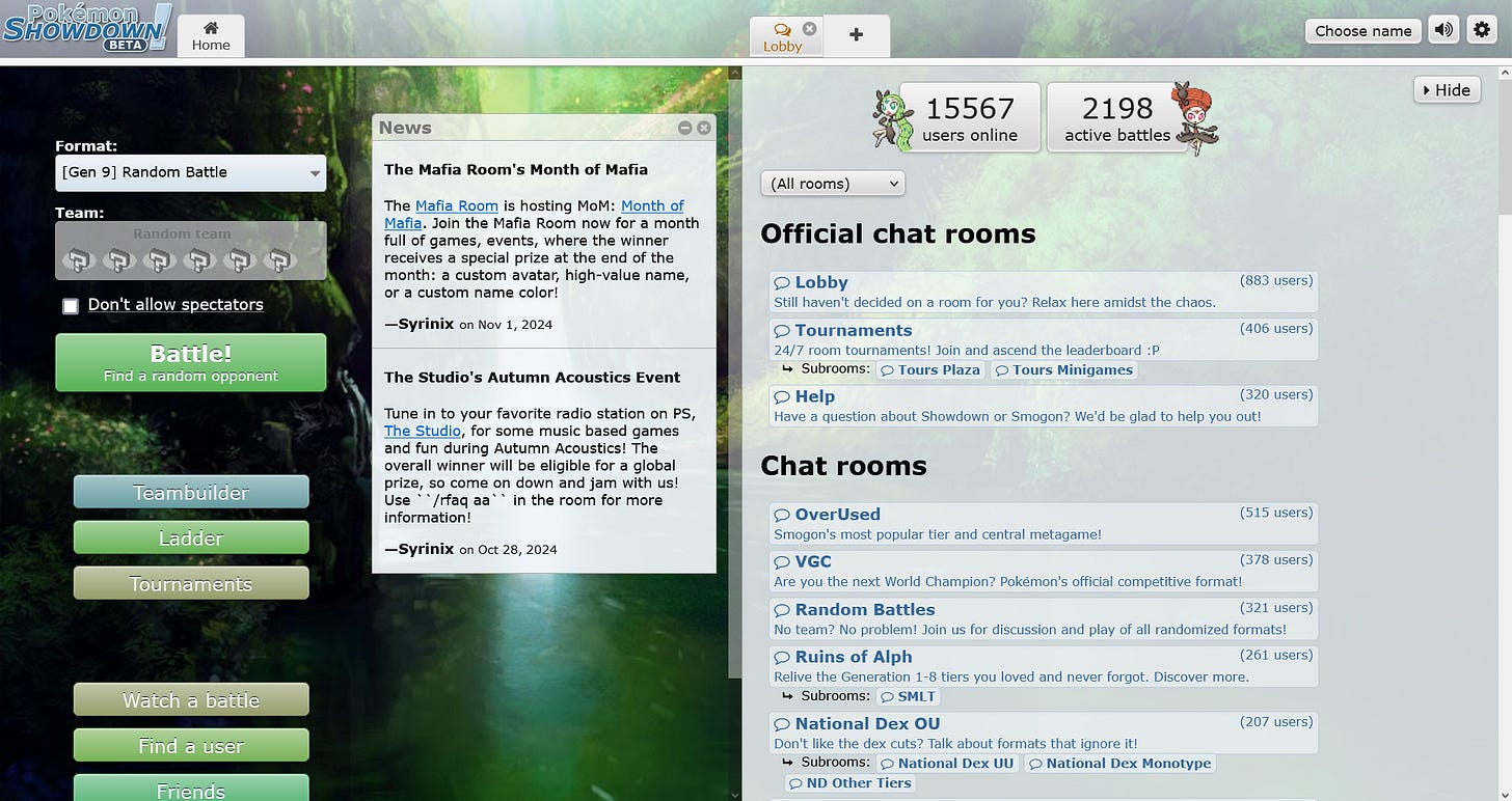 Pokémon Showdown’s main page as of November 2024. The popular web-based Pokémon battle simulator was adopted by Smogon in July 2012