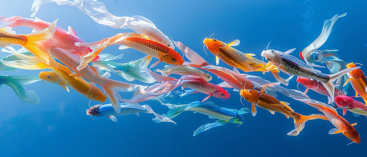 A large school of koi fish swims gracefully in clear blue water, creating a mesmerizing dance of colors and movement. Their flowing tails and vibrant hues of orange, red, blue, and white stand out against the serene aquatic background. Each fish appears to glide effortlessly, their delicate fins and tails creating a visual harmony that symbolizes unity and grace in the natural world.