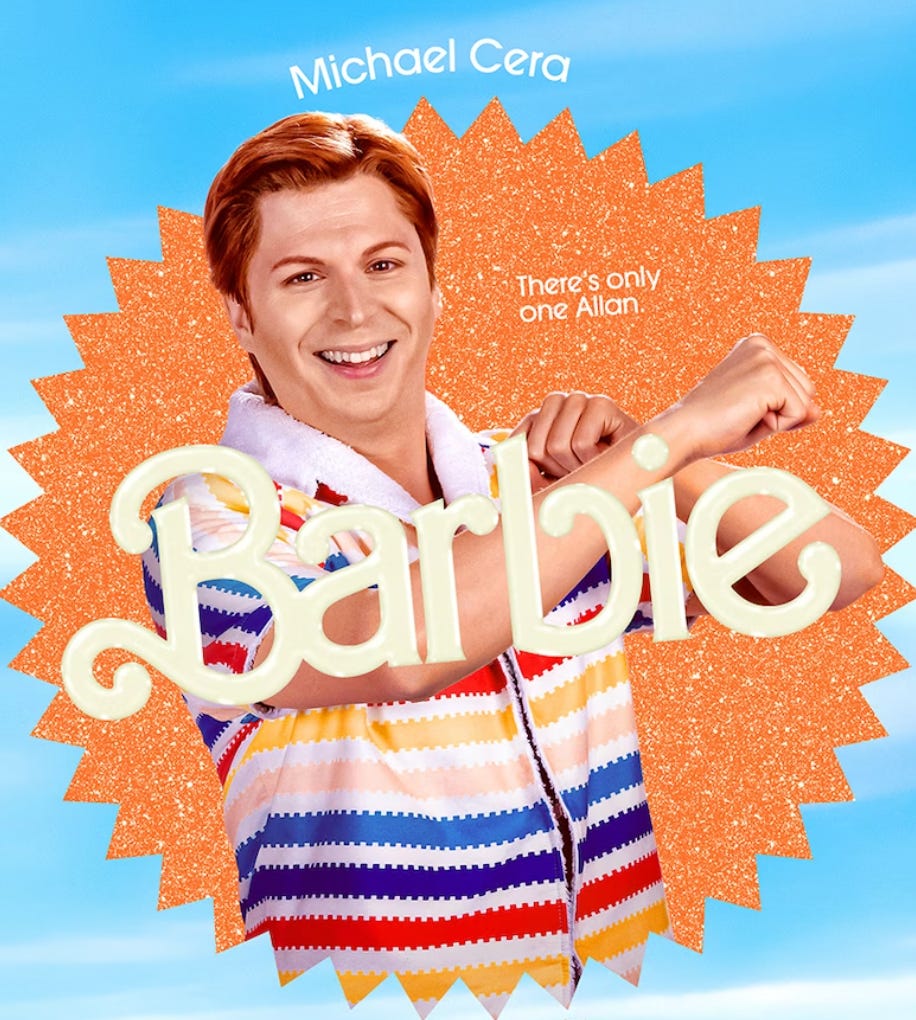 Michael Cera as Allan, the Barbie universe anomaly. Cera has red hair and is giving an 'aw shucks' smile and gesture in a striped lounge shirt with terrycloth collar