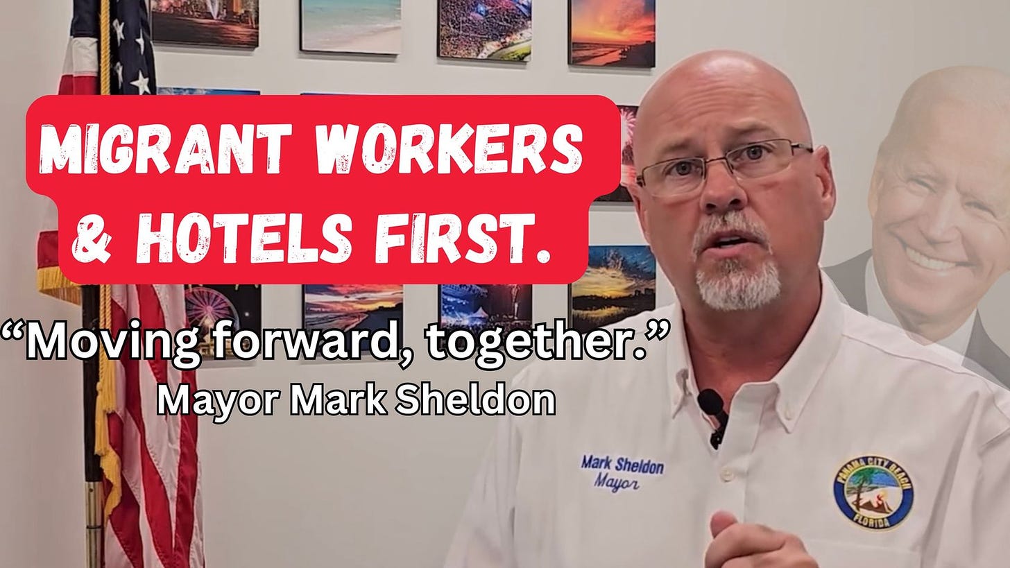 May be an image of 1 person and text that says 'MIGRANT WORKERS HOTELS FIRST. "Moving forward, together." Mayor Mark Sheldon Mark Sheldon Mayor AANTEPHATIN FLORIDA'