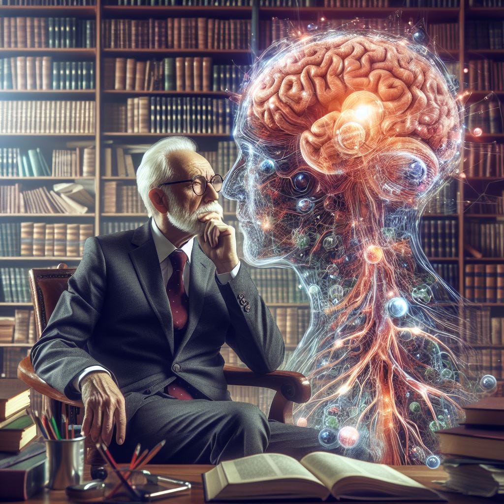 an old neuroscientist thinking about brain science in his library