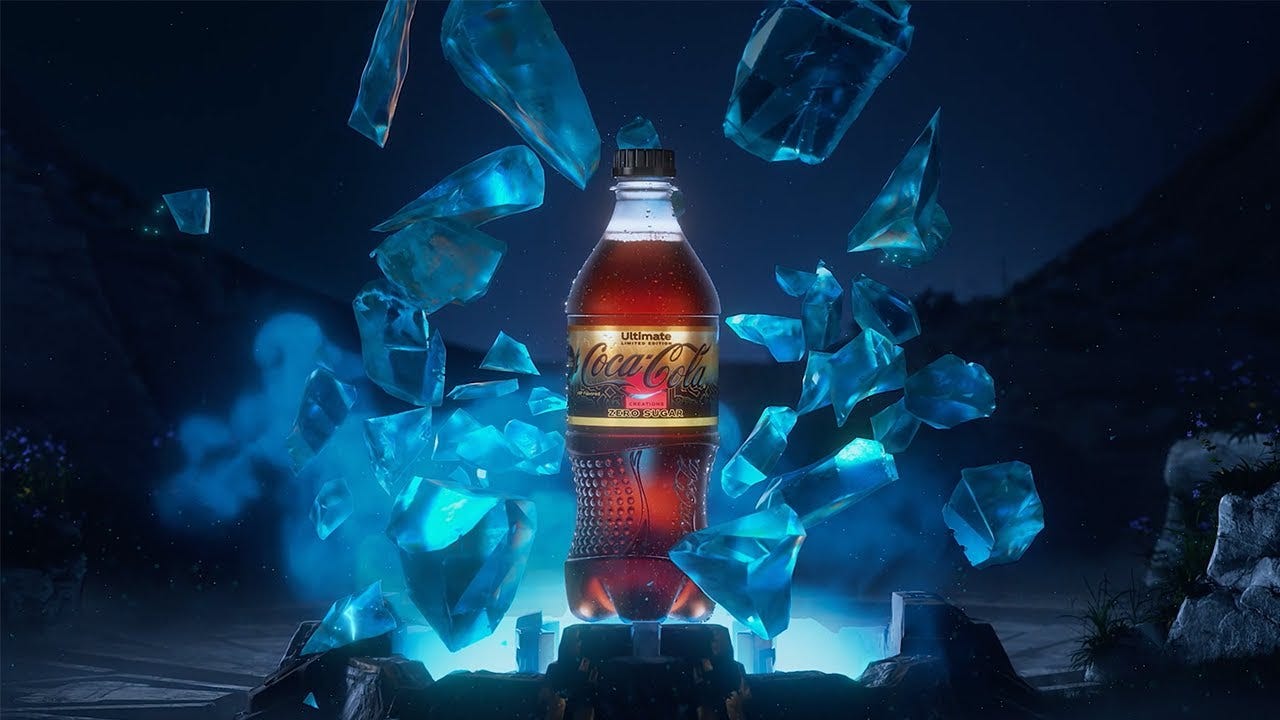 A bottle of Coca-Cola ultimate, which has a gold and black label, stands among falling computer-generated diamonds.