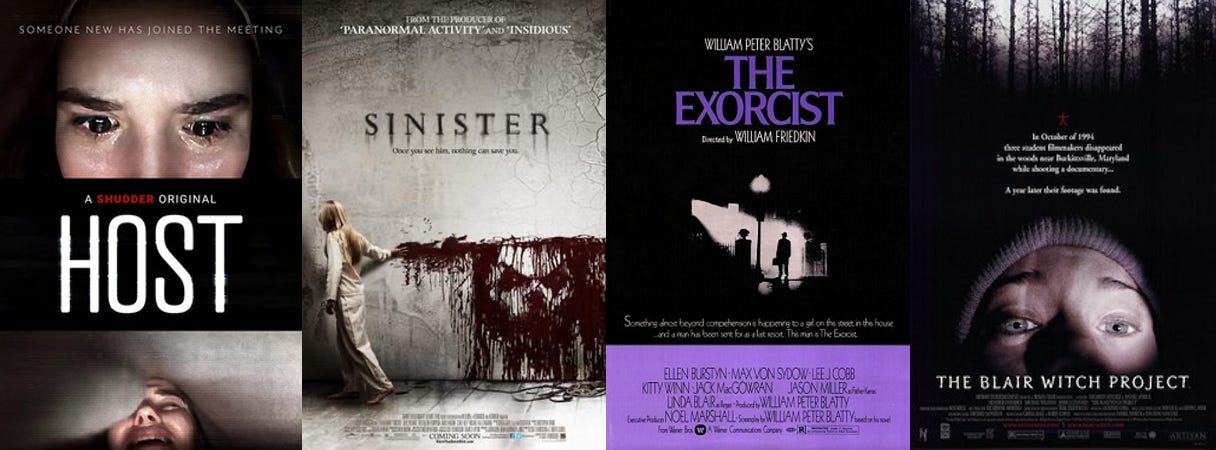 Posters for Host, Sinister, The Exorcist, and The Blair Witch Project