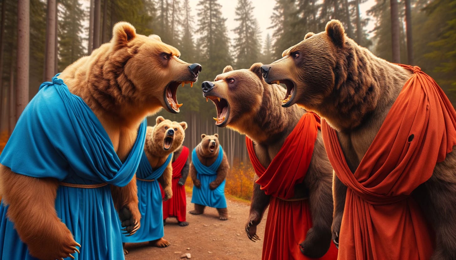 Photo of three bears in blue togas looking furious and aggressively arguing with three bears in red togas in a forest setting, their expressions intense and animated. The scene captures a broader view of the forest, showcasing the surroundings and emphasizing the tension between the two groups of bears.