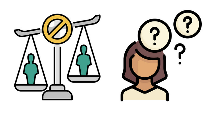 Icons of a justice scale and a confused person