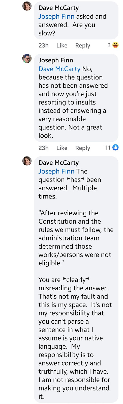 A screenshot showing a Facebook conversation between Dave McCarty and Joseph Finn.