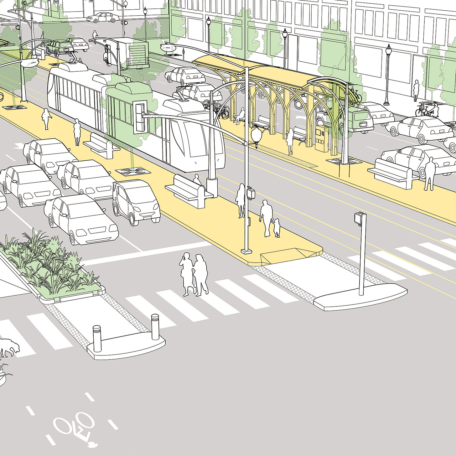 An illustration showing a transitway in the middle of a very wide four to five lane street with bike lanes at the edge. The entire cross section of the street is over 10 lanes wide.