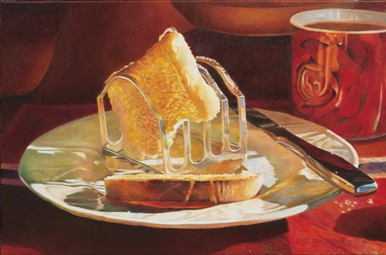 Realist painting of toast in a rack and a mug of coffee.