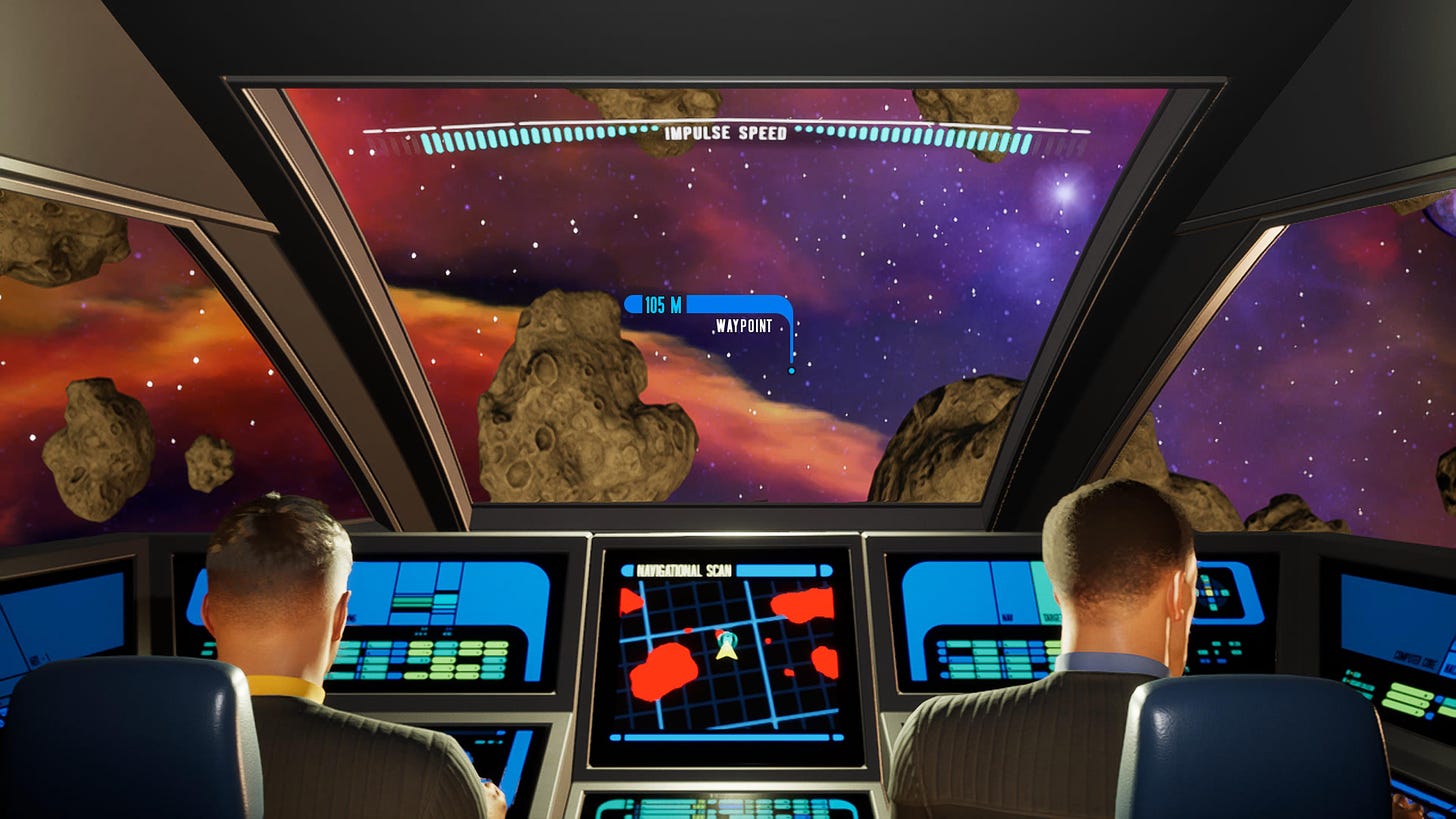 A shuttle cockpit with asteroids in front