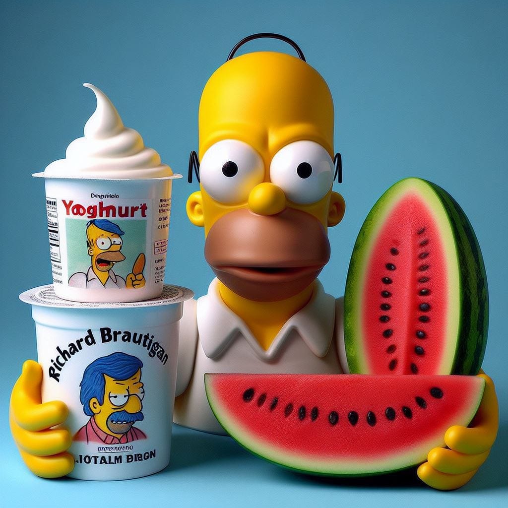 homer simpson with a yoghurt pots, and a watermelon with richard brautigan