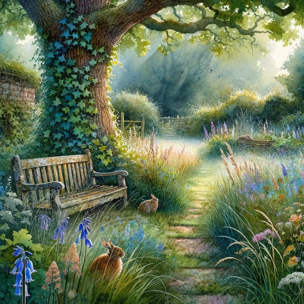 Watercolor painting depicting a serene, overgrown garden. A forgotten pathway winds through tall grasses, with patches of wildflowers like bluebells and daisies scattered throughout. An old wooden bench, weathered and covered with ivy, sits under a large oak tree. The atmosphere is peaceful, with the gentle light of early morning softening the scene and a family of rabbits peeking out from the undergrowth.
