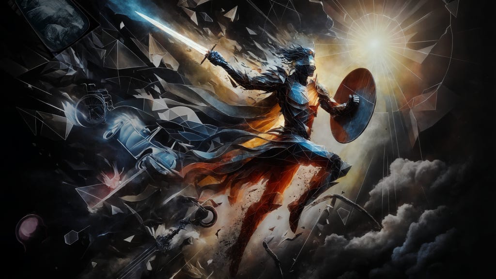 “Disabled Warrior,” digital illustration by author. A non-gendered warrior creates themself (to coin language) out of… and battling… dark chaos, a bright spark headed toward a dim light… They never know if there’s a goal… Plus they wear a blindfold like Lady Liberty. In the chaos behind them are dim objects of adversity… chains, bread line, car wreck, wheel chair, a fallen dove… others I probably forget…