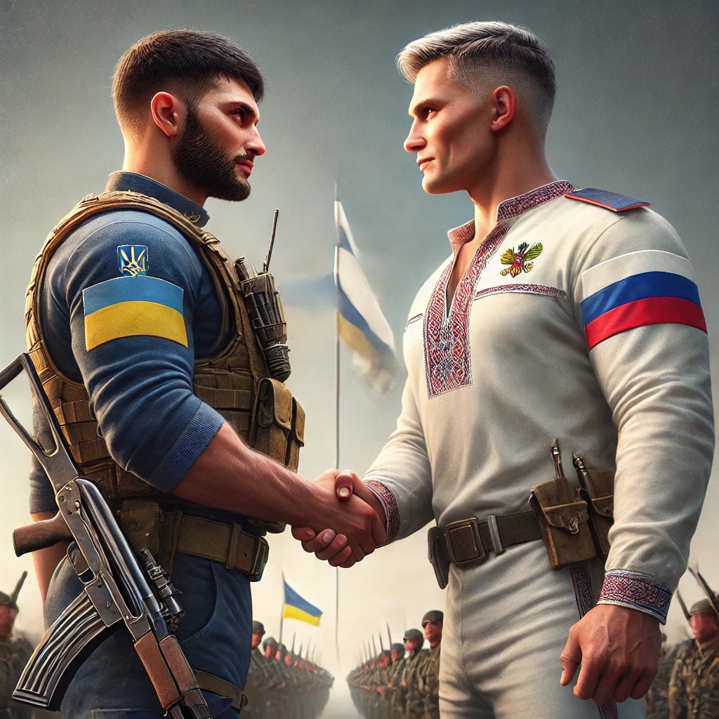 A highly detailed digital painting of a muscular Ukrainian man and a muscular Russian man standing face to face, shaking hands as a symbol of peace. Both men are fully clothed in military-style uniforms. The Ukrainian man is wearing a uniform with blue and yellow colors, clearly representing the Ukrainian flag. The Russian man is wearing a uniform with white, blue, and red colors, representing the Russian flag. The Russian man has distinct Slavic facial features, including light skin, a strong jawline, and prominent cheekbones. They are each holding a white flag of truce in their other hand. The background is a neutral battlefield fading into a more peaceful landscape, creating a sense of hope and reconciliation. The lighting highlights their serious yet respectful expressions.