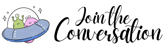 Image of two aliens in a spaceship. text reads “join the conversation” with fantasy author Patricia J.L.