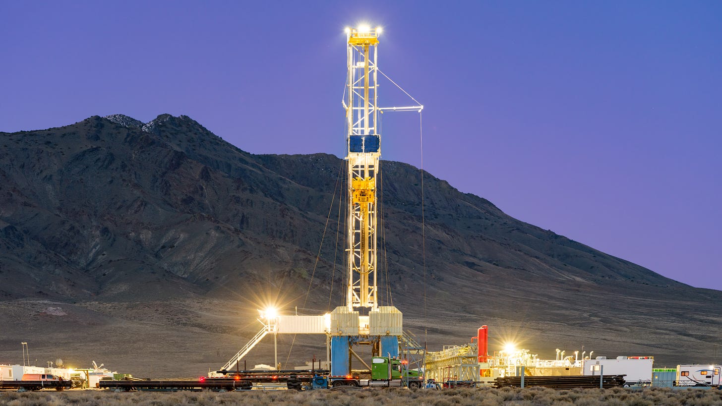 Fervo&#039;s Drilling Rig lit up at night