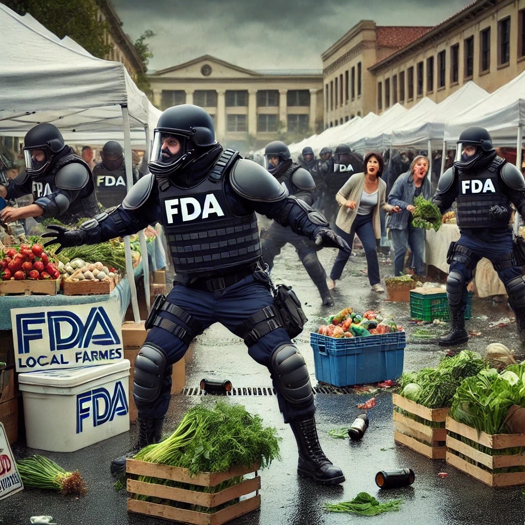 An intense scene showing FDA officers in riot gear aggressively shutting down a small farmer's market. Officers in black uniforms and helmets are smashing down market stands filled with organic vegetables and handmade goods. Frightened vendors and shoppers are backing away in shock as crates of produce are overturned and signs for local farms are destroyed. The image should have a tense atmosphere with destruction amidst the serene environment of a typical farmer's market.