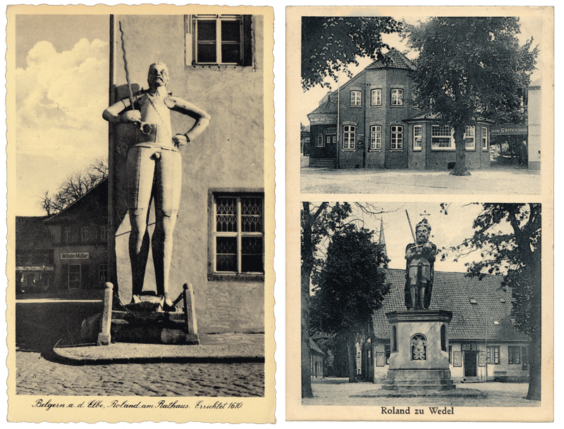 Postcards of Roland statues in Belgern (left) and Wedel (right). 